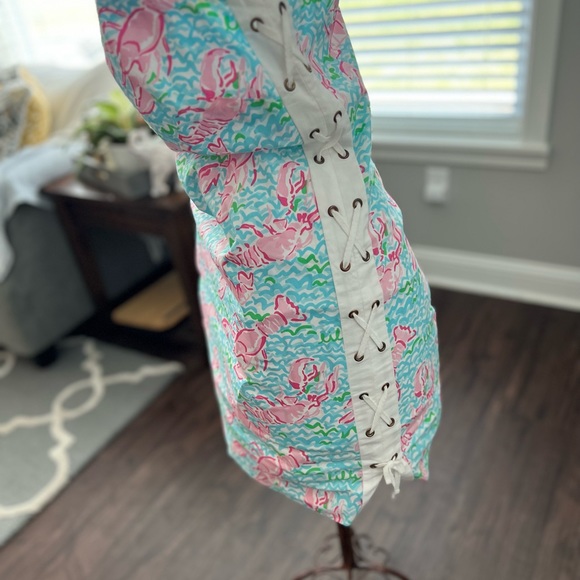 Lilly Pulitzer Pink & Turquoise Lace Up Dress with Lobster Print Women’s Size 4 - Picture 4 of 12